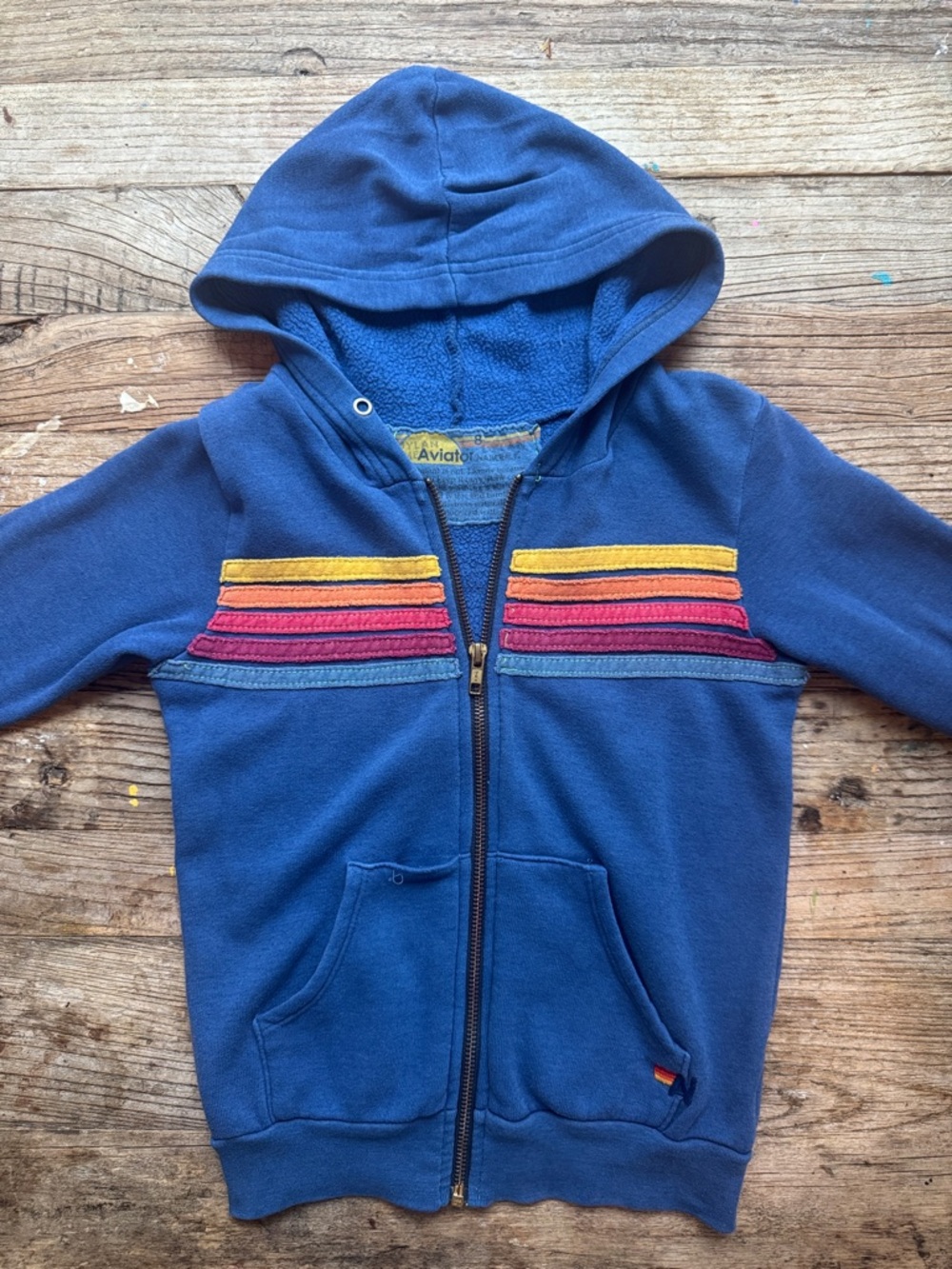 Aviator Navy Zip-Up Hoodie with Rainbow Stripe Details - Kids 8